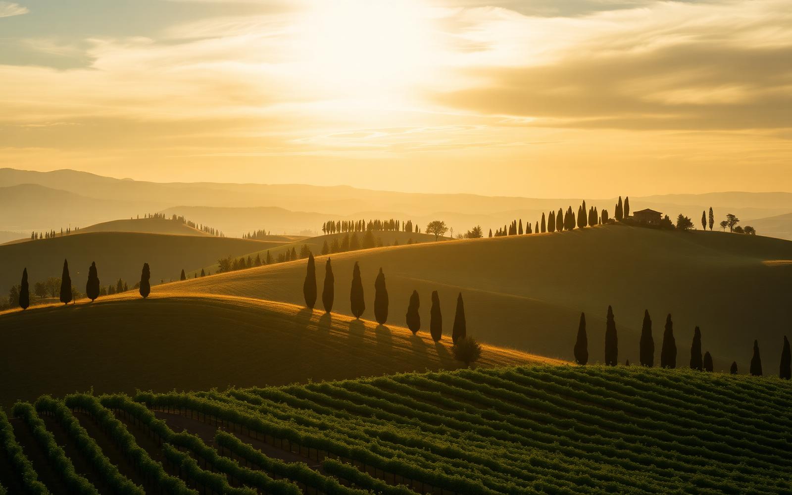 Colinas da Toscana ao pôr do sol com ciprestes e vinhedos